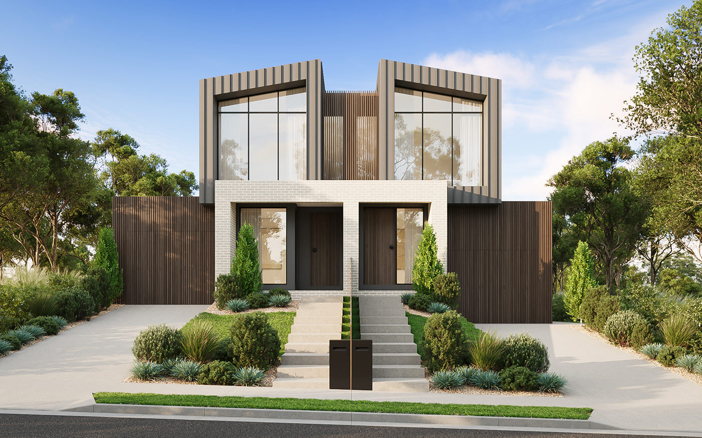 Contemporary dual occupancy facade in Niddrie with vertical cladding and large windows captured in a 3D Render