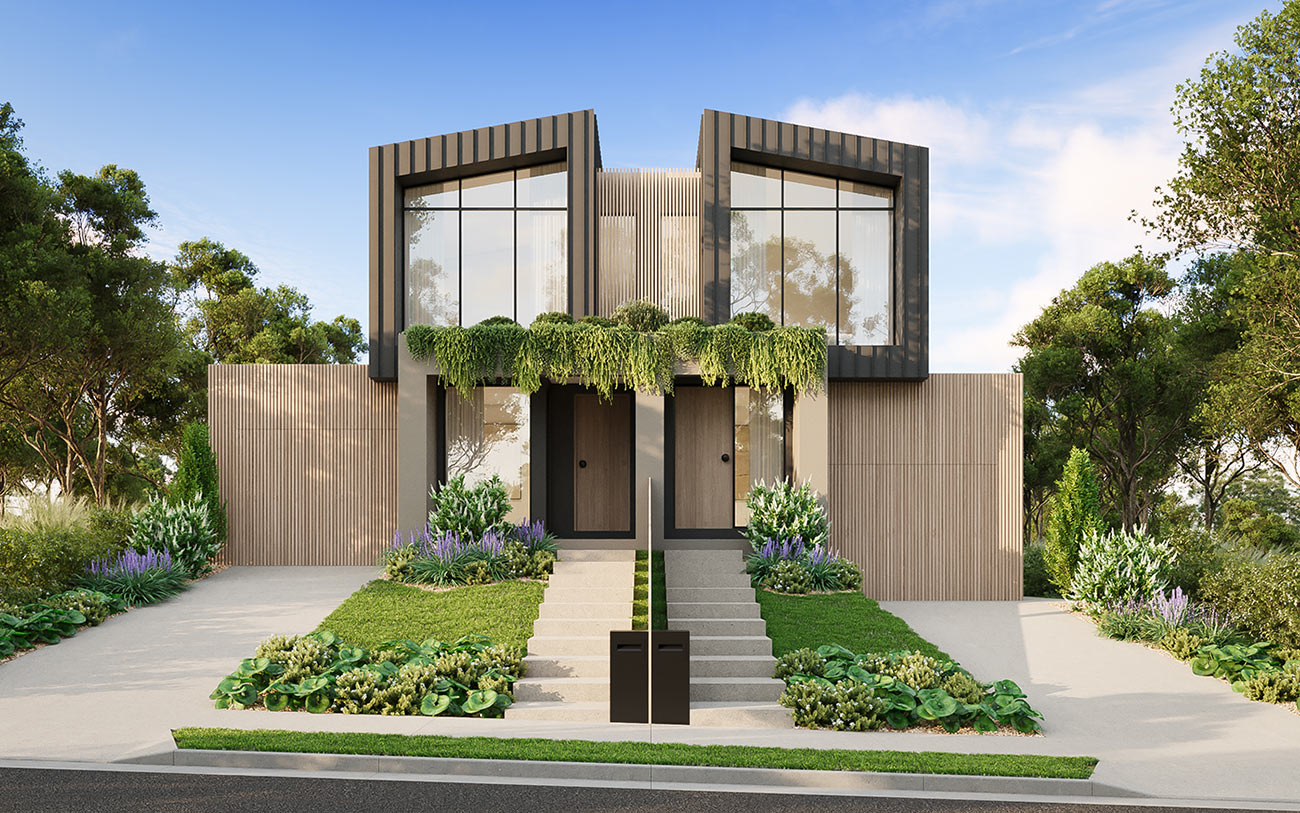 Modern duplex in Niddrie with lush landscape design and symmetrical entry shown in a premium 3D Rendering