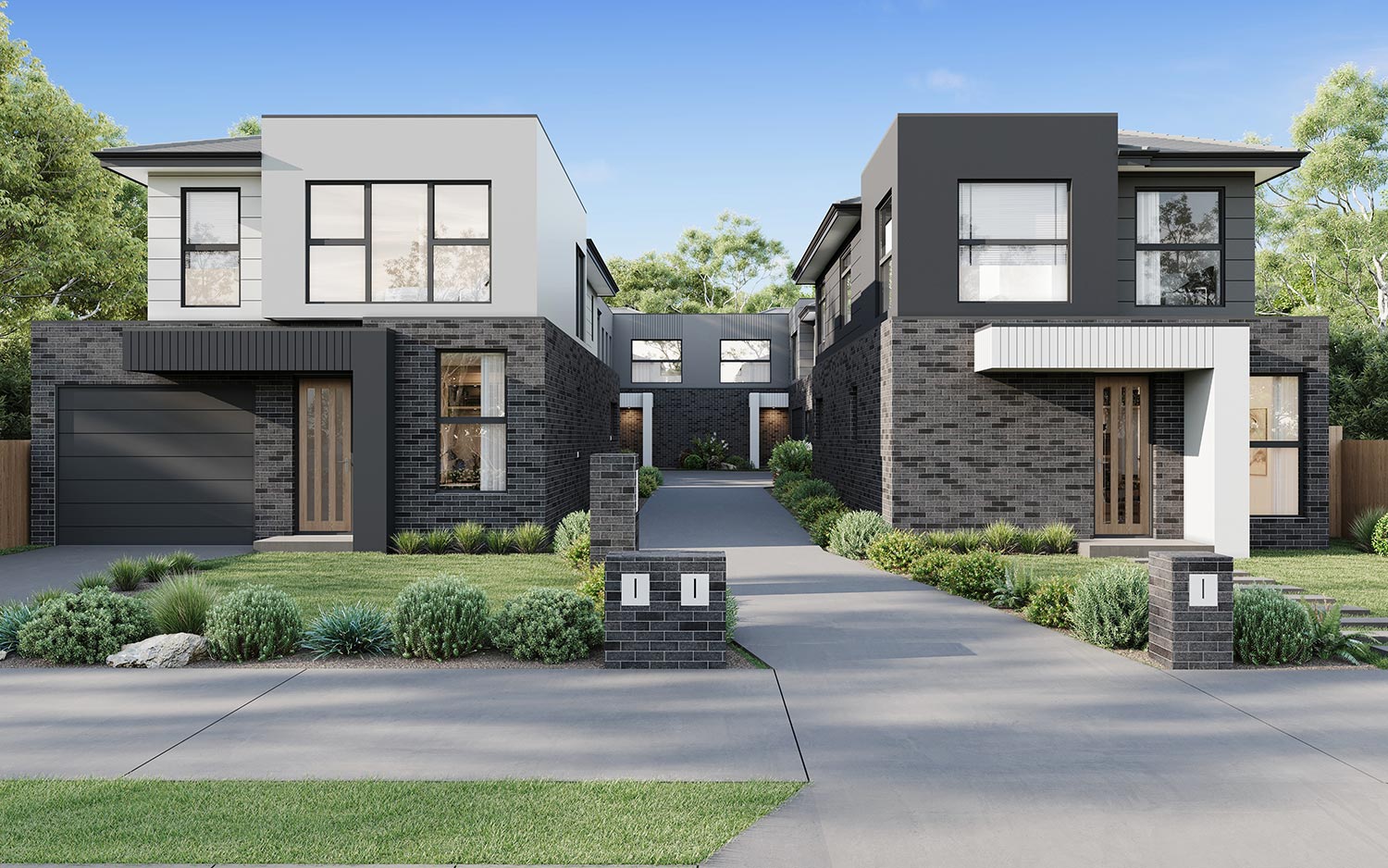 Dual occupancy residential 3D rendering in Noble Park VIC featuring modern design and landscaping