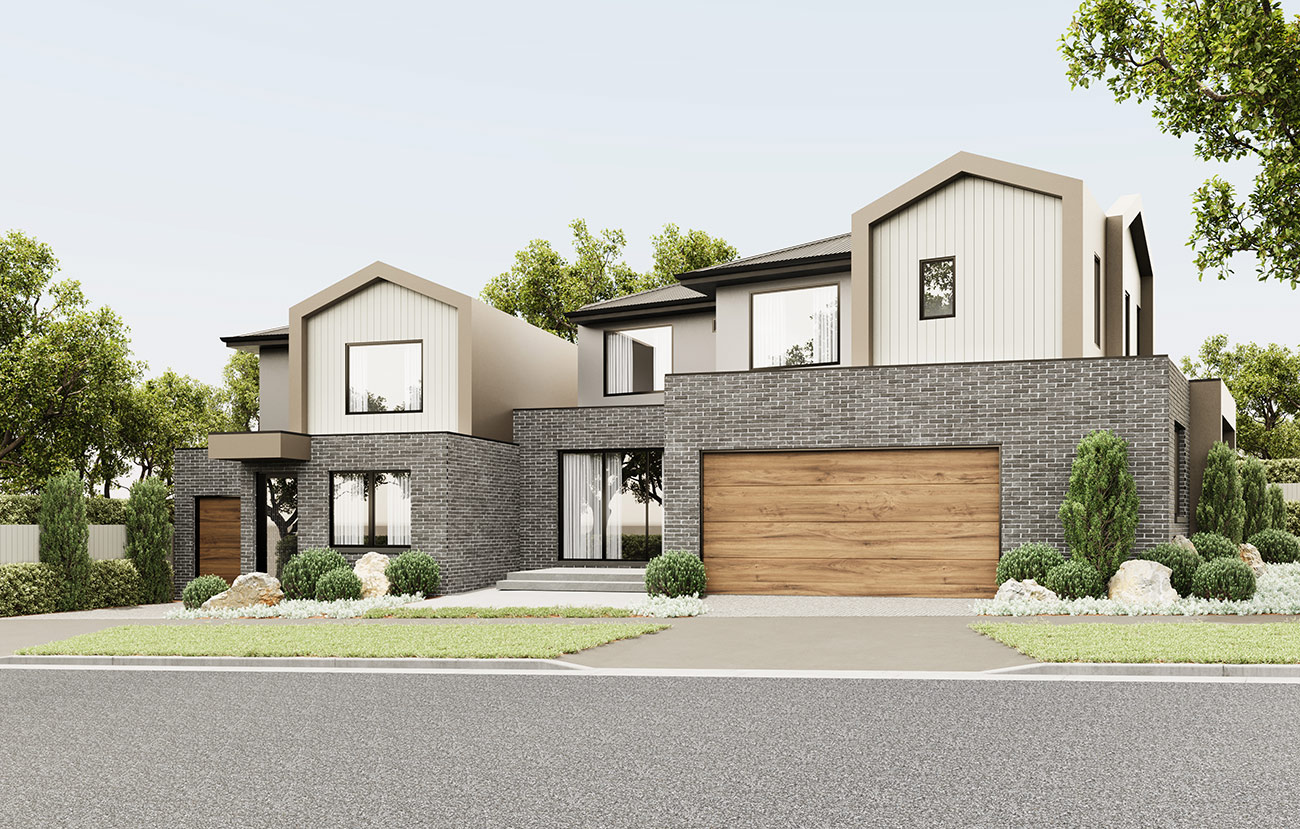 Modern dual occupancy home facade in Norlane, Victoria 3D rendering showcasing contemporary brick and cladding design