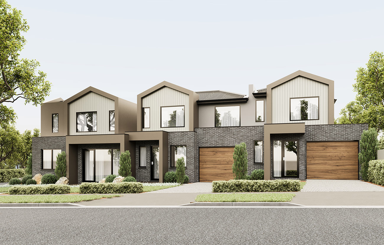Contemporary townhouse development streetscape in Norlane 3D render with modern materials and landscaping