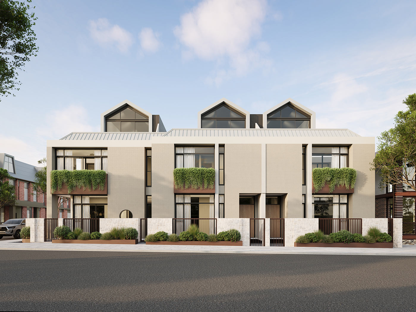Residential townhouse streetscape in North Adelaide with landscaped balconies and modern finishes in a 3D Rendering