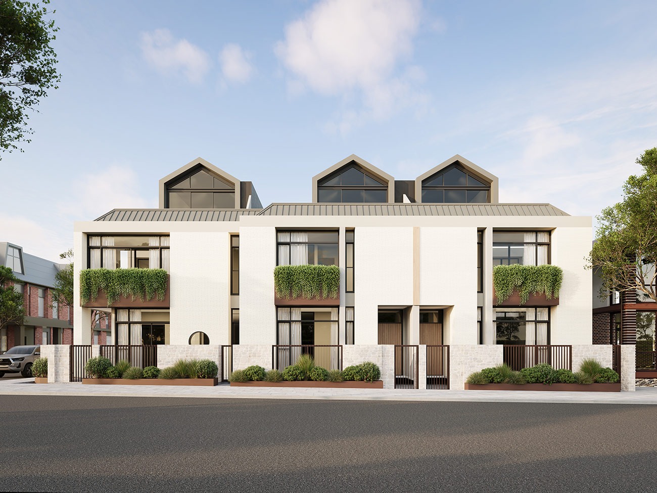 Townhouse development facade in North Adelaide with integrated greenery and heritage-inspired detailing in a 3D Render