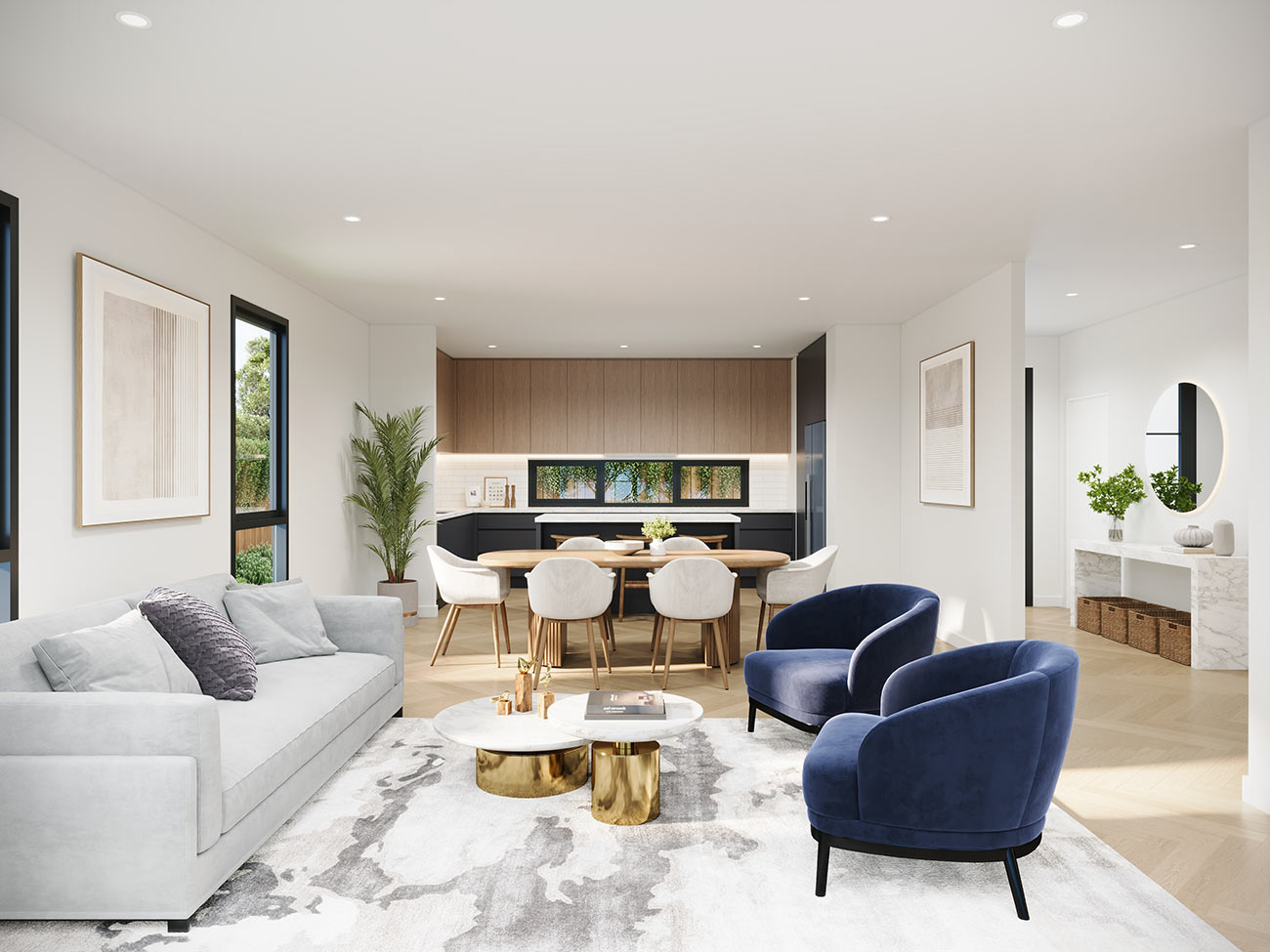 Open plan living dining and kitchen interior in Officer Melbourne with modern light finishes shown as a residential 3D render