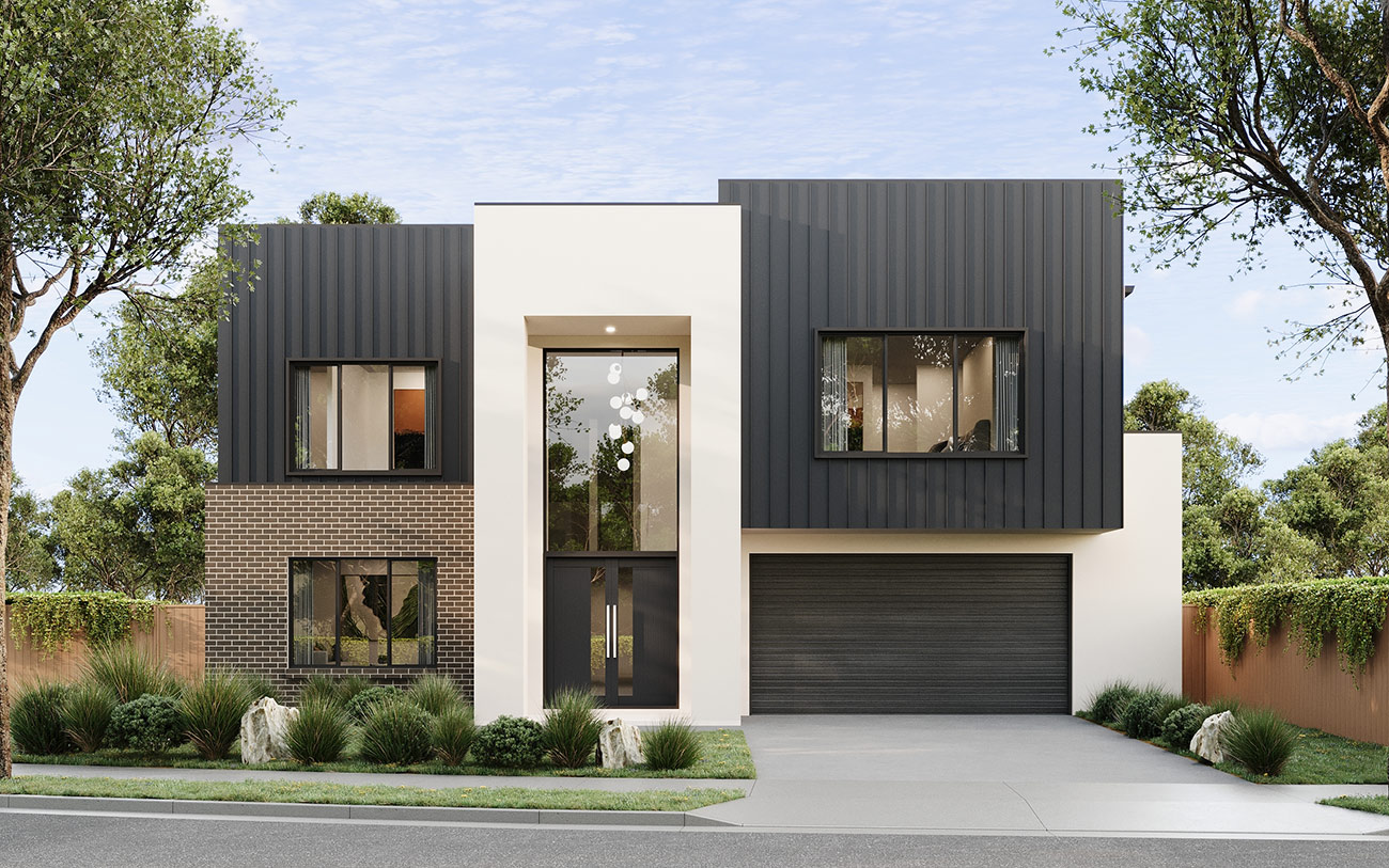 Residential home 3D render in Oran Park NSW with contemporary facade, brick detailing and landscaped entry