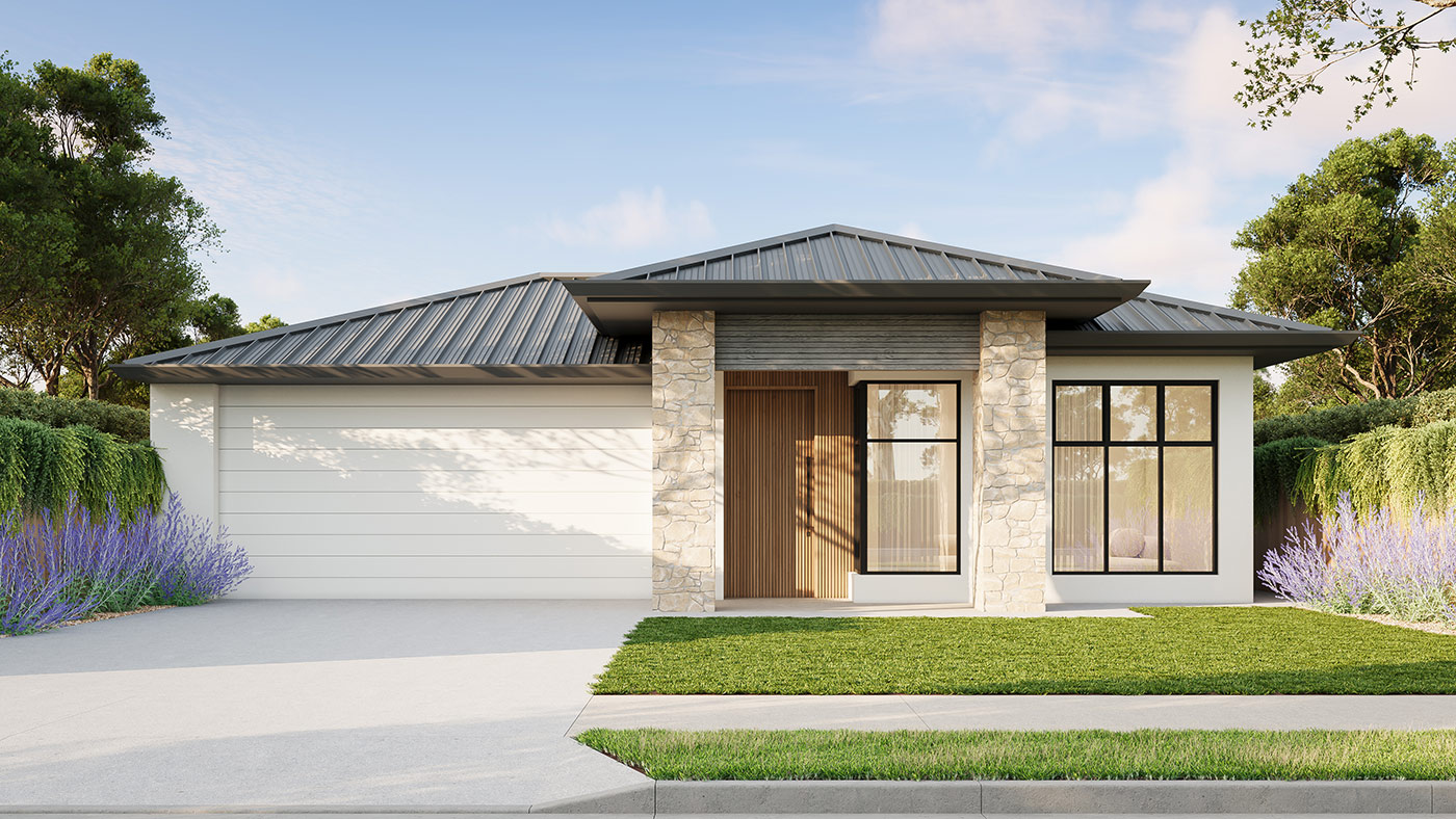 Single storey home facade in Parafield Gardens SA 3D render with stone columns, timber entry and landscaped frontage