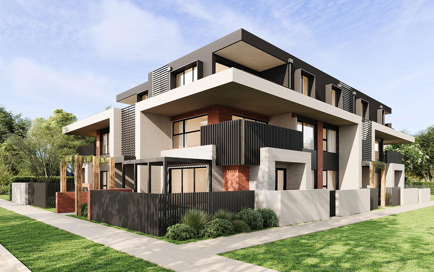 Contemporary duplex corner perspective in Parkdale with layered materials and fencing displayed in a 3D Rendering