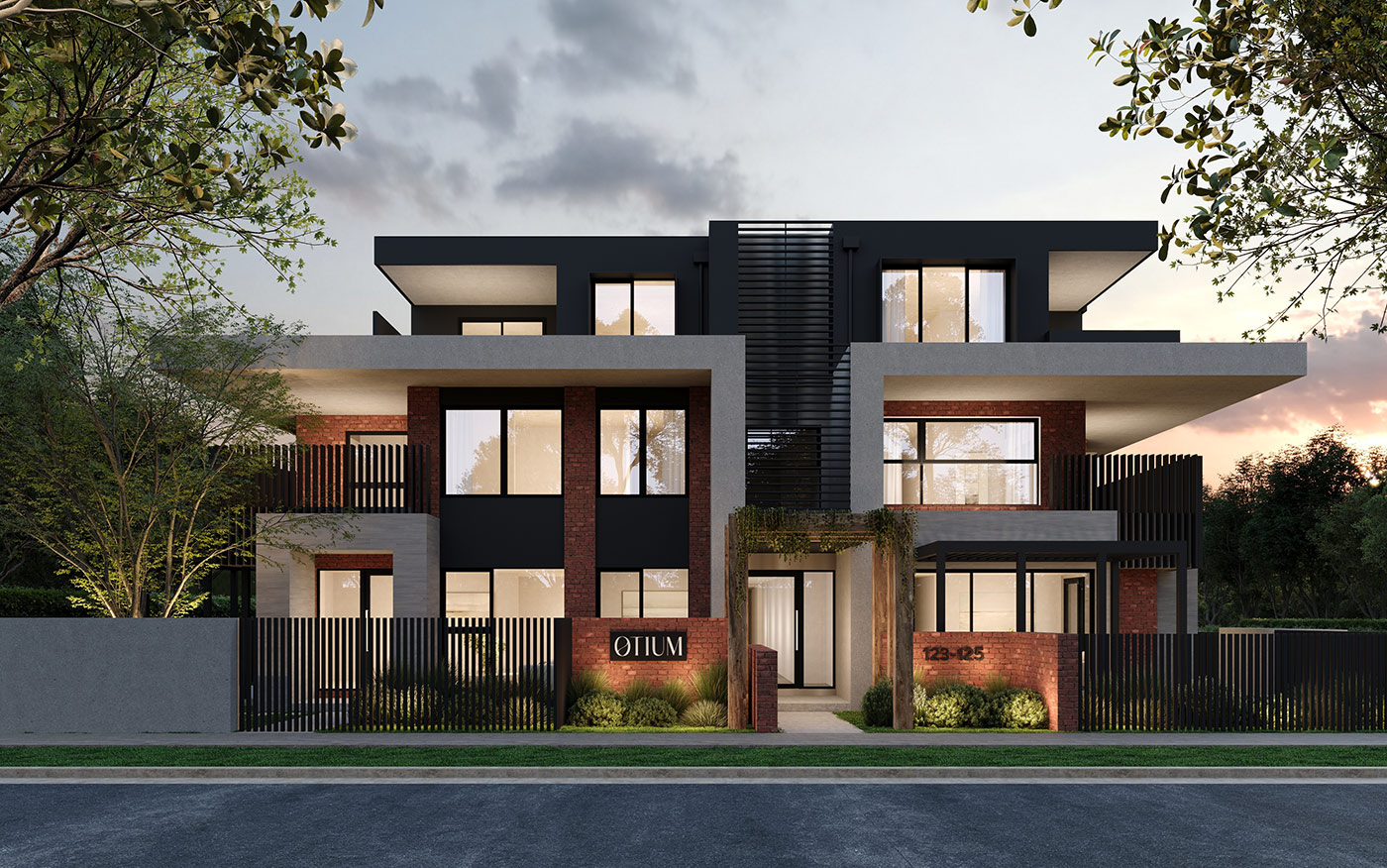Architectural duplex facade in Parkdale with warm dusk lighting and landscaped entry captured in a 3D Render