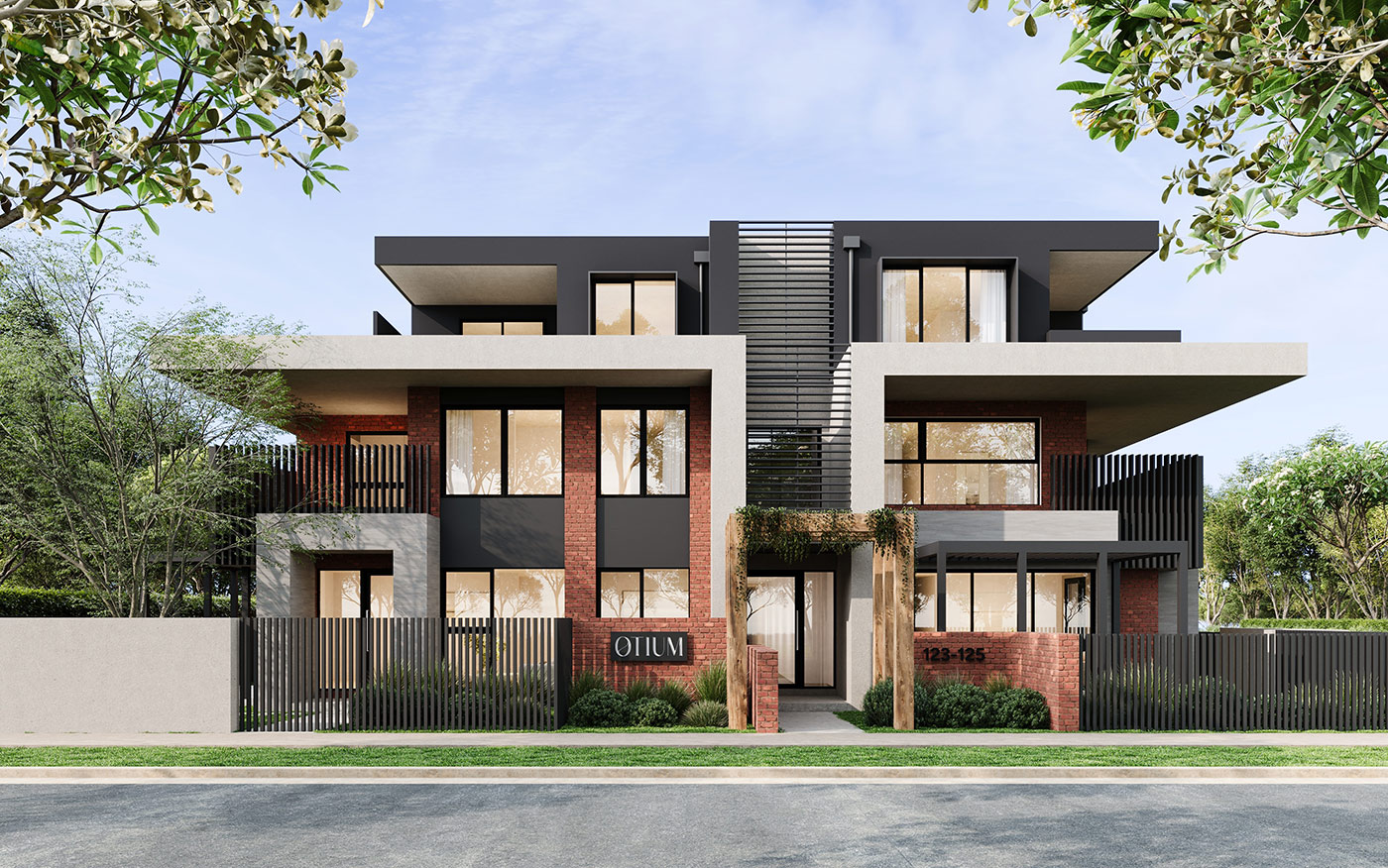 Modern duplex facade in Parkdale with bold geometry and brick detailing shown in a daylight 3D Rendering