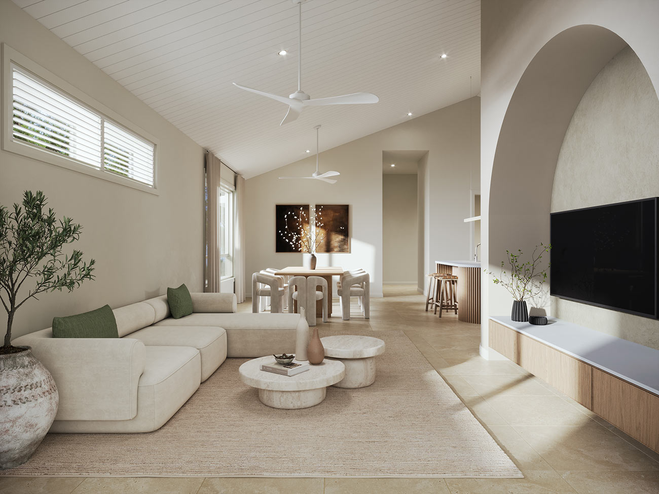 Family meals and open plan living area in Point Cook Melbourne shown as a casual modern home 3D render with warm finishes