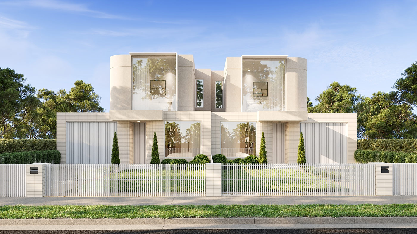 Dual occupancy residential 3D rendering in Preston VIC featuring modern facade and street appeal