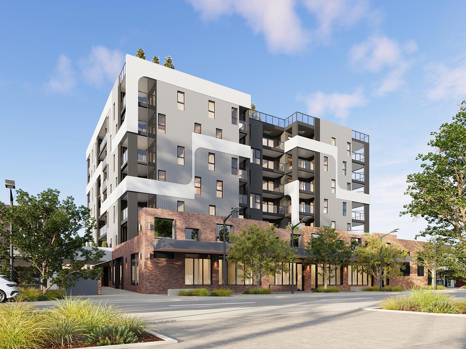 Streetscape apartment 3D rendering in Queanbeyan NSW with landscaping and pedestrian activity