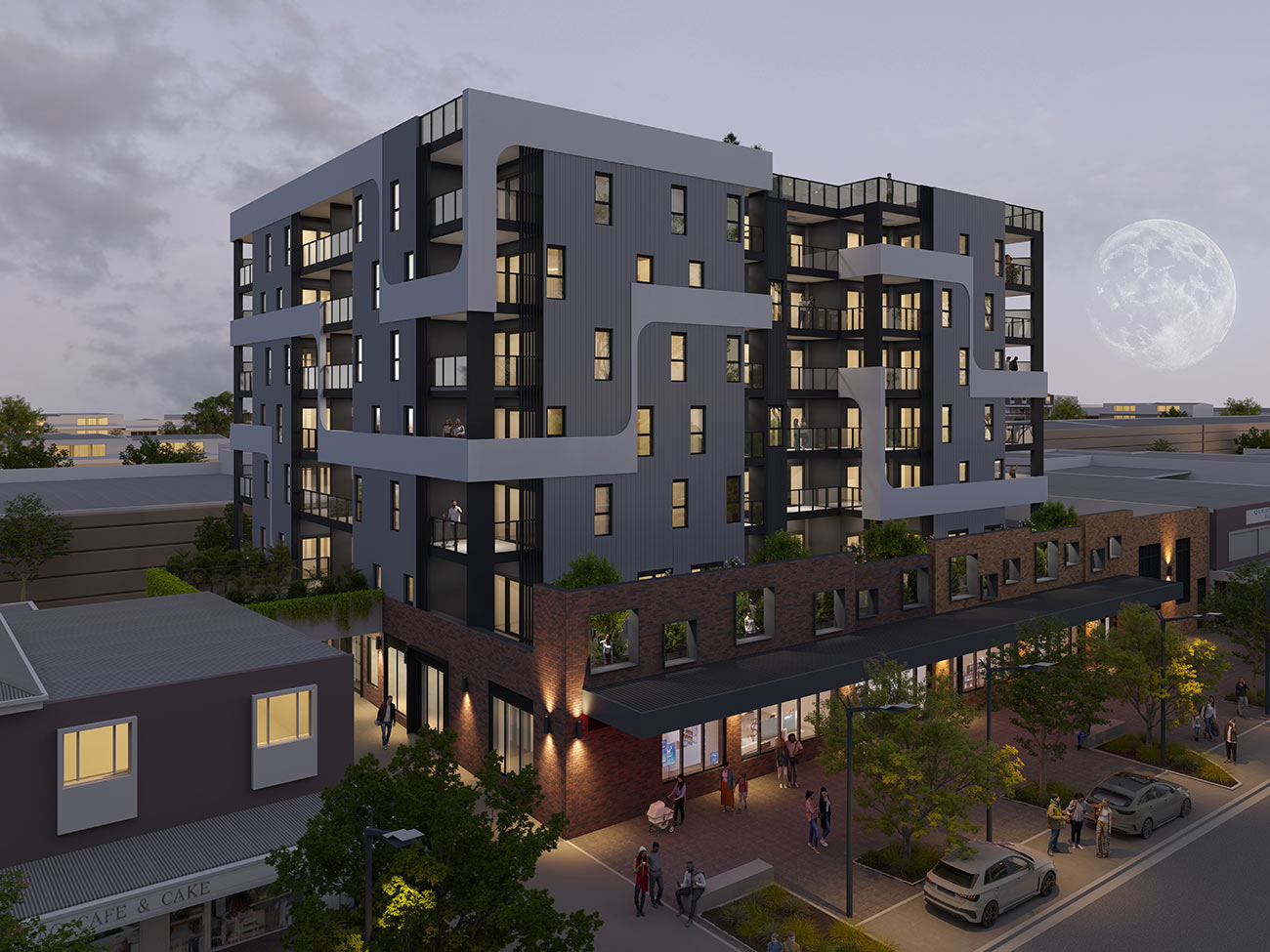 Aerial apartment building 3D rendering in Queanbeyan NSW showing mixed-use development and streetscape