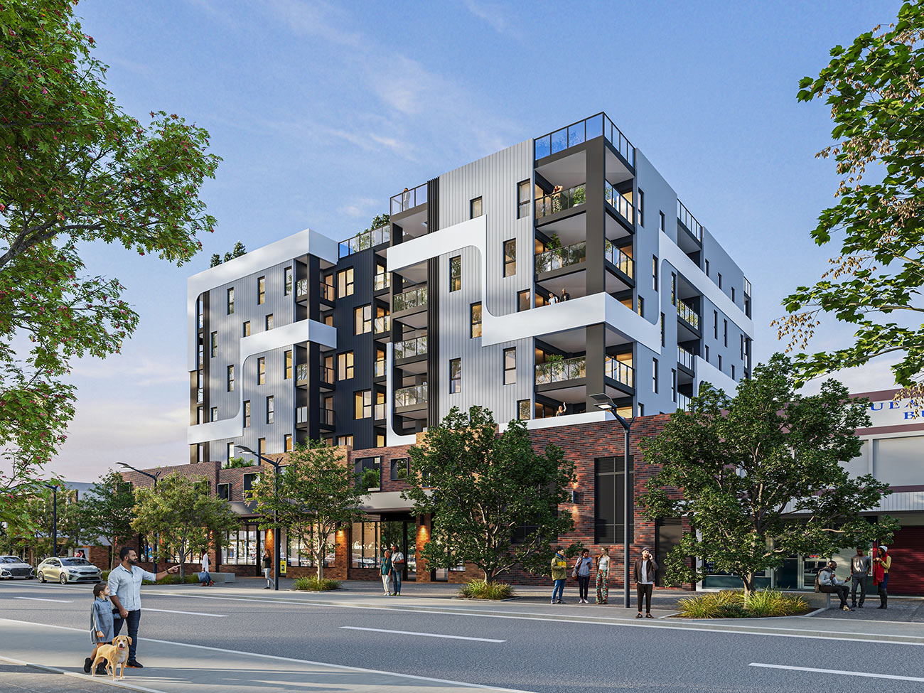 Modern apartment complex 3D rendering in Queanbeyan NSW with balconies and retail ground floor