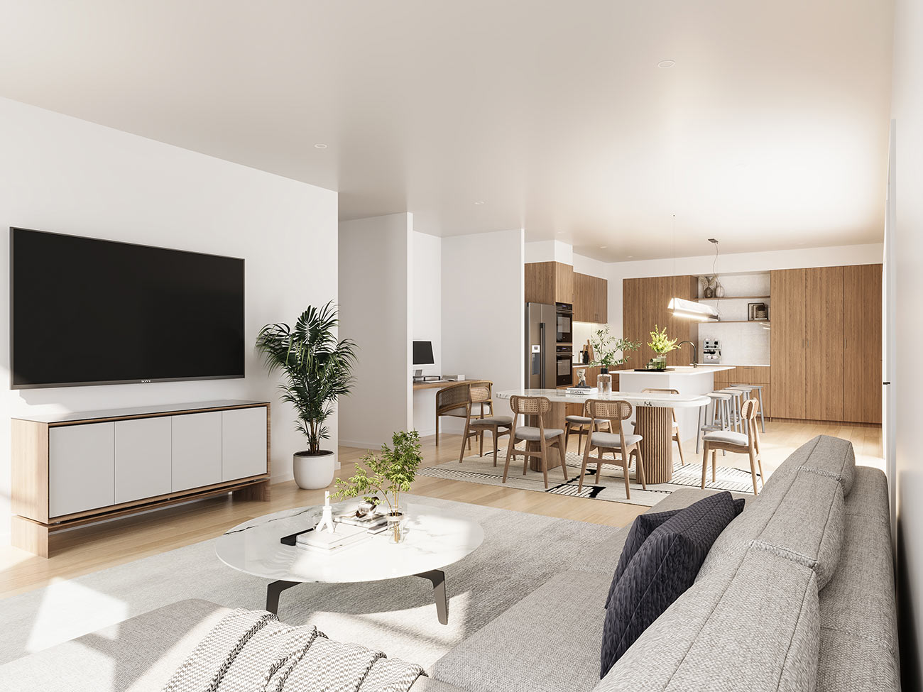 Contemporary open plan kitchen and living space in Ripley Brisbane with warm timber finishes visualised in a detailed 3D rendering