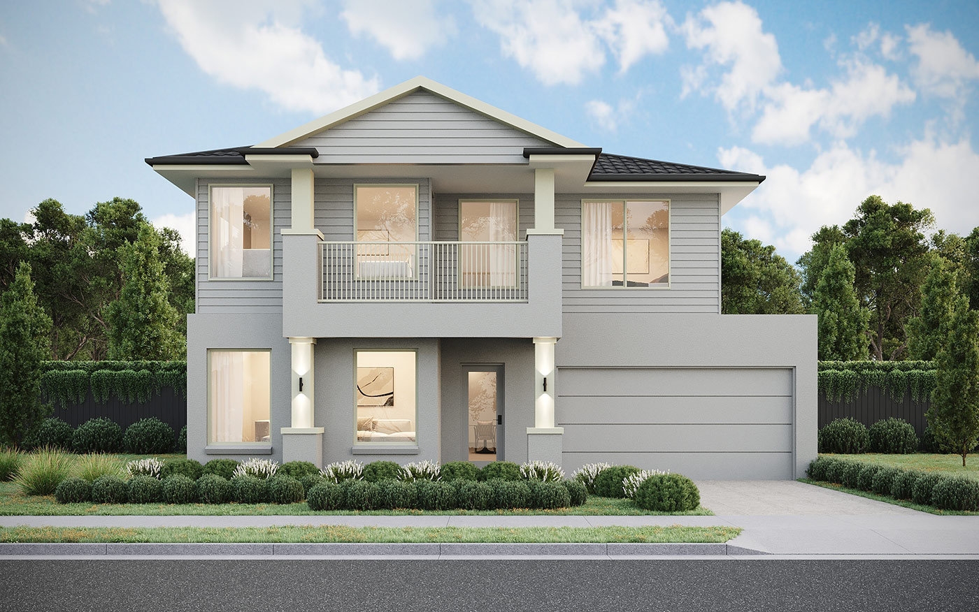 Double storey suburban home in Rockbank VIC 3D rendering with symmetrical facade and modern residential streetscape