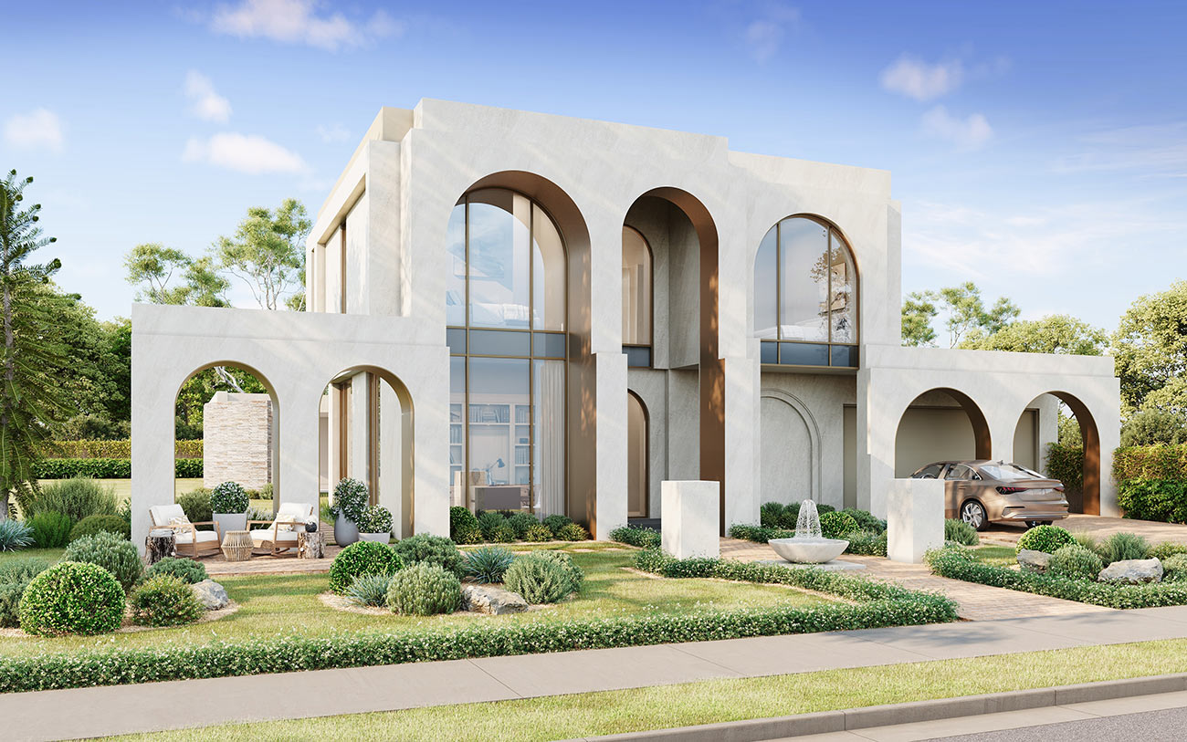 High-end luxury home 3D Rendering in Brighton VIC with arched windows, landscaped garden and premium facade materials