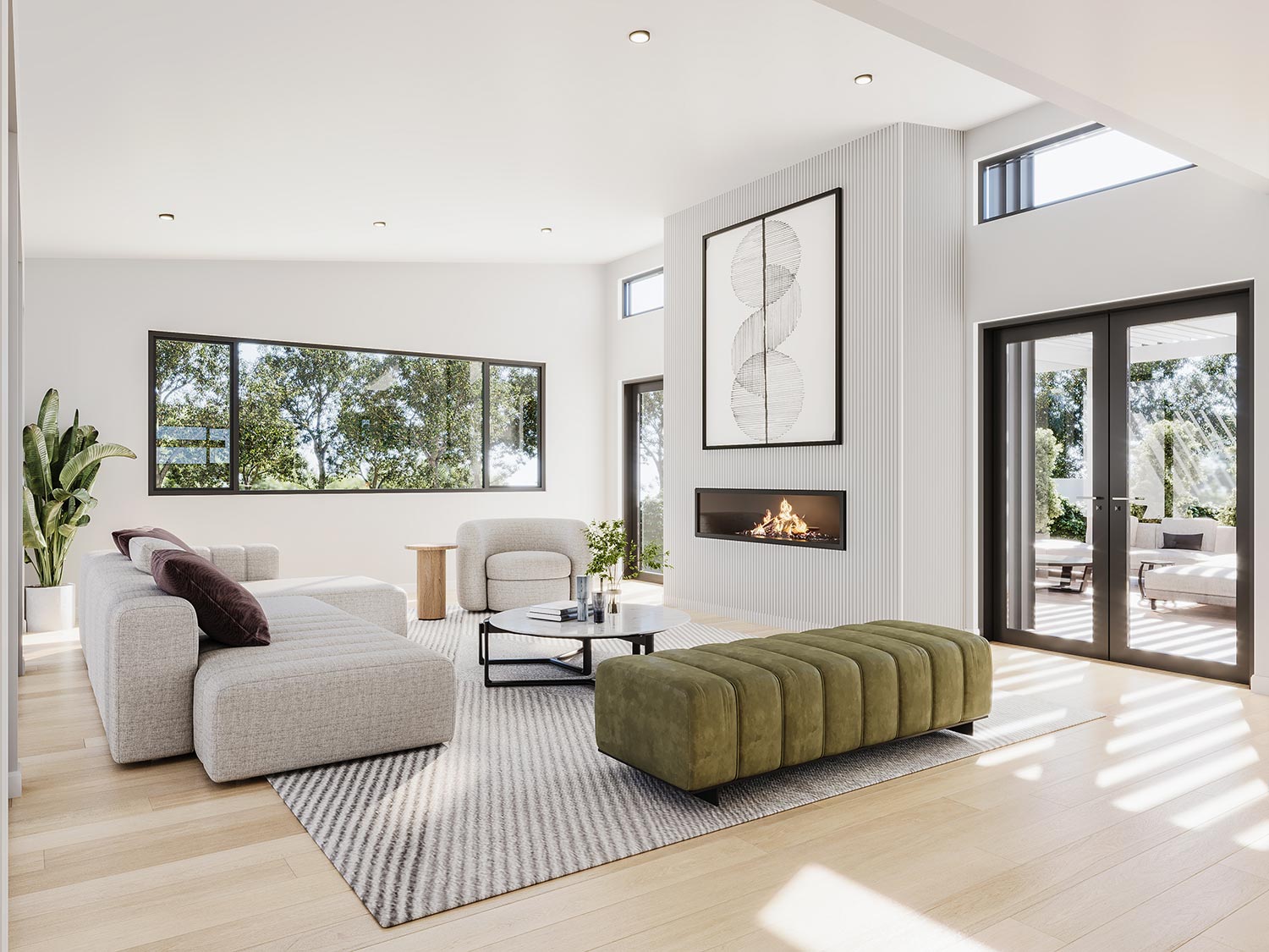 Modern open plan living room 3D render in Schofields NSW with large glazing and contemporary Australian interior styling