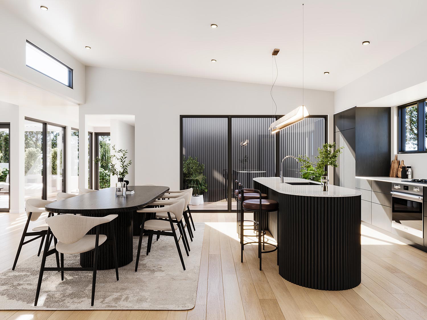 Modern kitchen and dining space in Schofields Sydney presented as a high quality residential 3D render with clean cabinetry and open layout