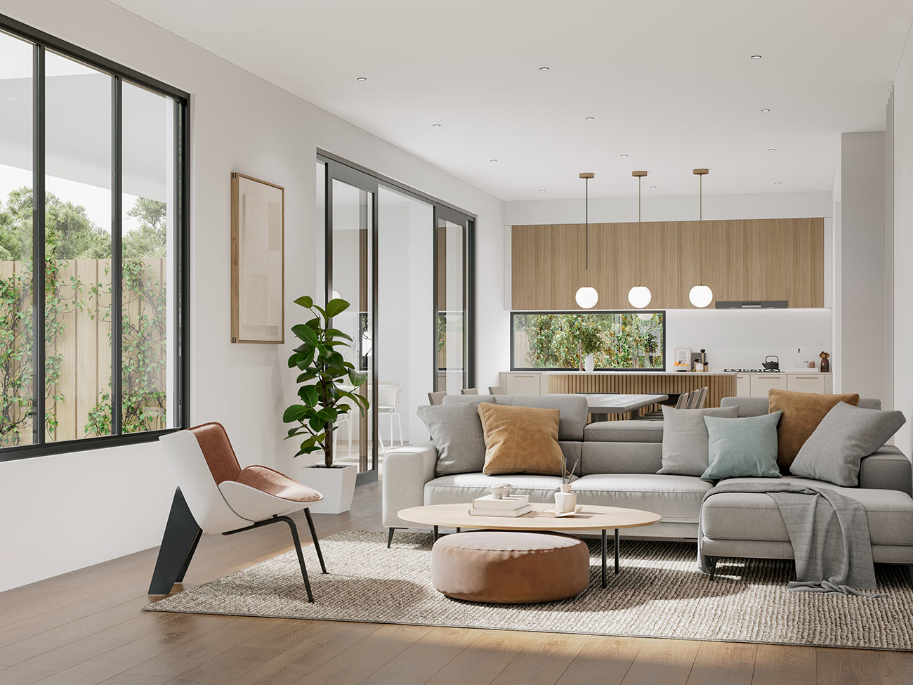 Open plan living dining and kitchen in Schofields Sydney featuring light timber finishes shown as a modern residential 3D rendering