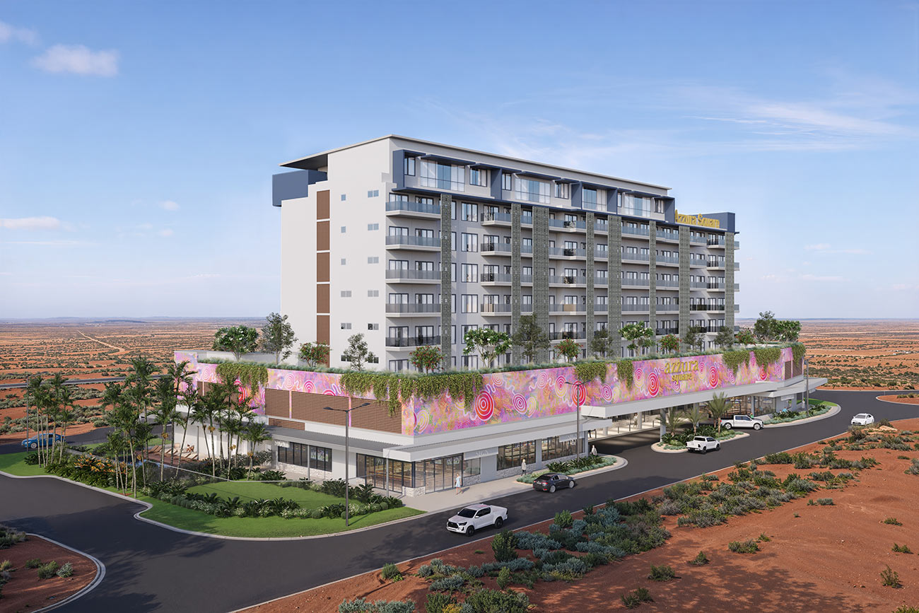 Commercial mixed-use development 3D rendering in South Hedland WA featuring retail and apartments