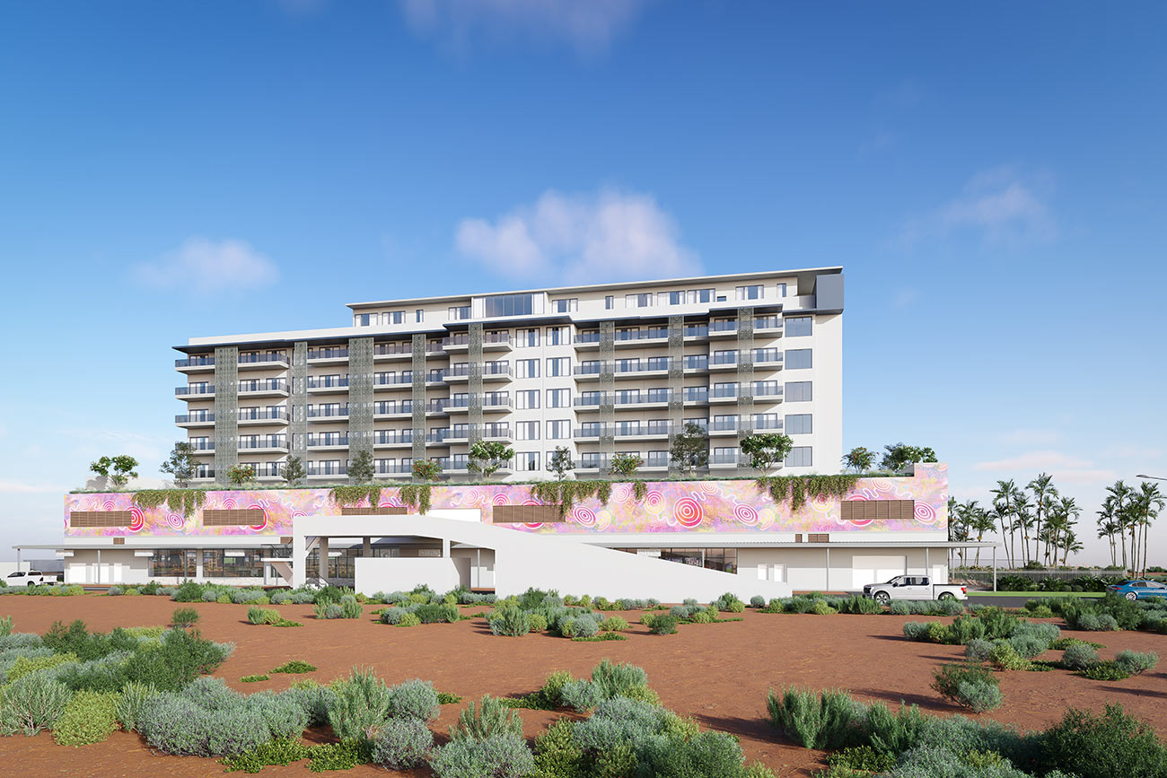 Mixed-use development 3D rendering in South Hedland WA showing apartments above retail
