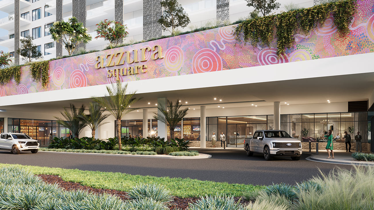 Retail precinct 3D rendering in South Hedland WA with landscaped frontage and commercial spaces