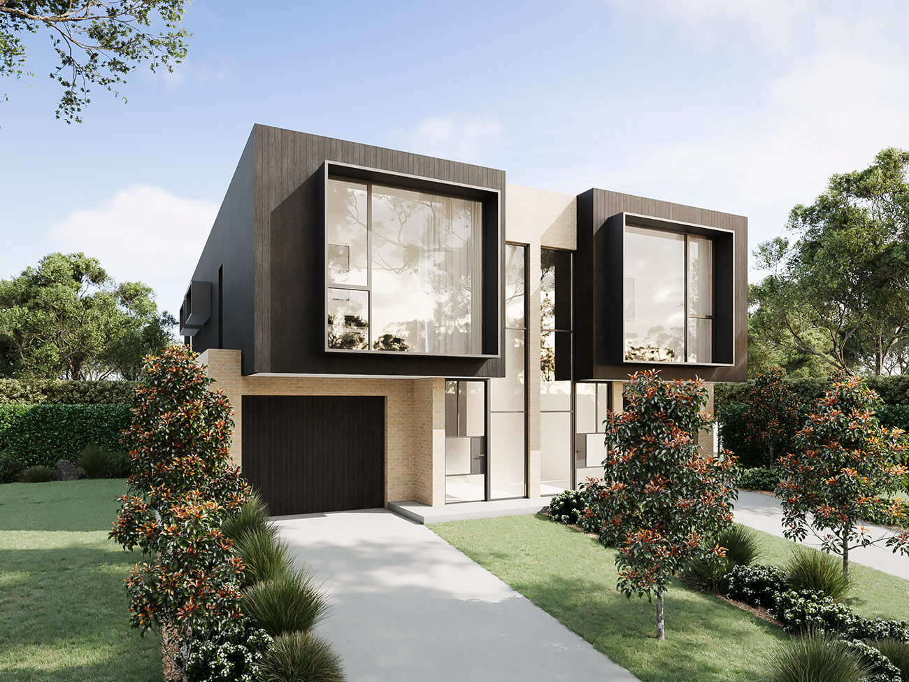 Modern duplex facade in South Hurstville with large glazing and contemporary cladding shown in a high-quality 3D Rendering