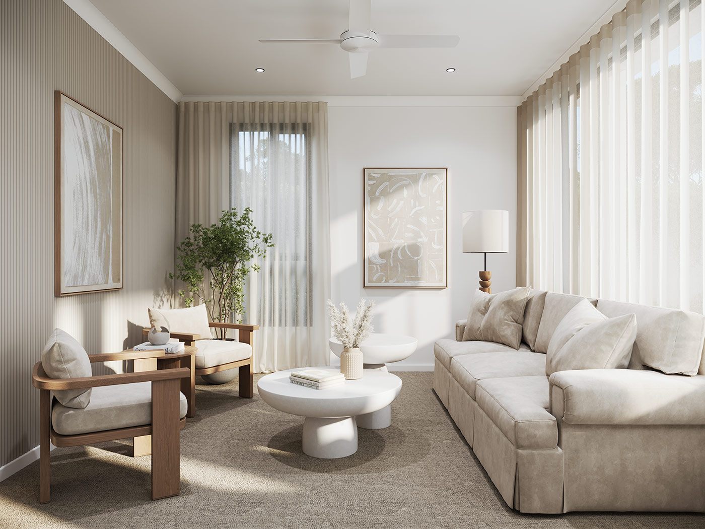 Contemporary living room interior in South Ripley Brisbane shown as a high quality residential 3D rendering with soft natural tones and furnishings