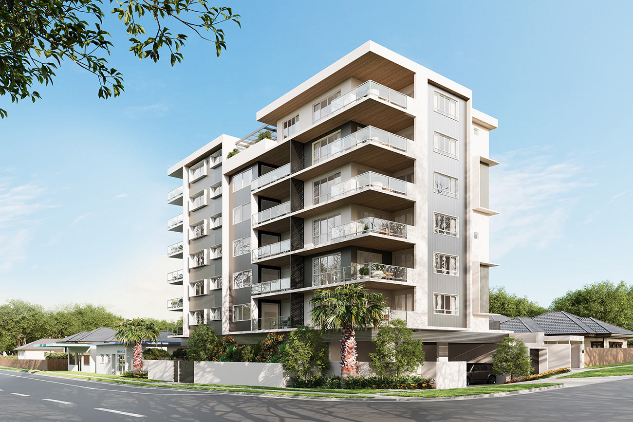 Multi storey apartment building in Southport QLD 3D rendering with balconies and tropical landscaping