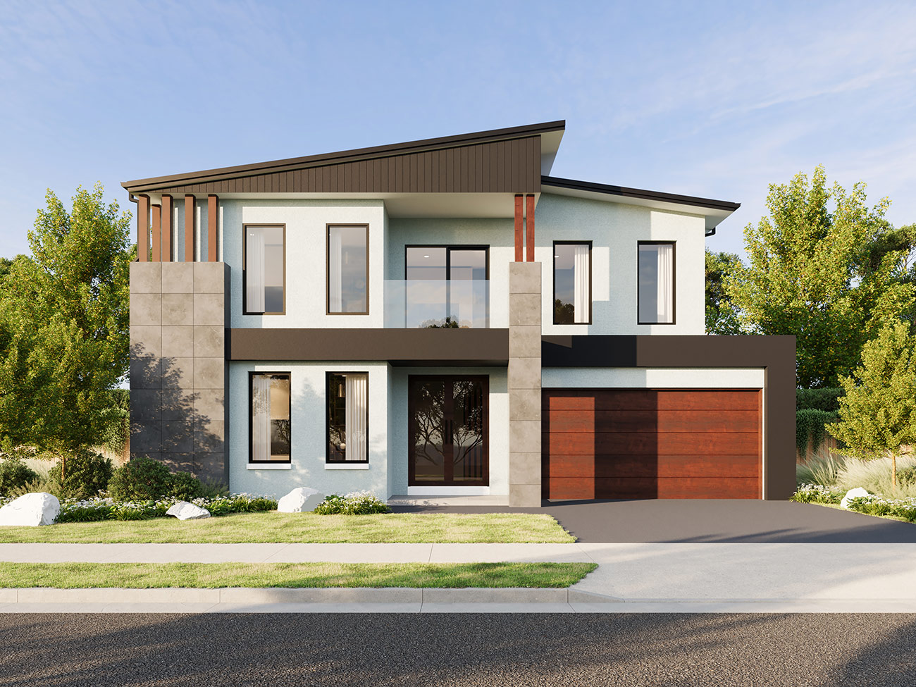 Modern home facade in Springfield Lakes QLD 3D render with soft tones, rendered walls and contemporary street presentation