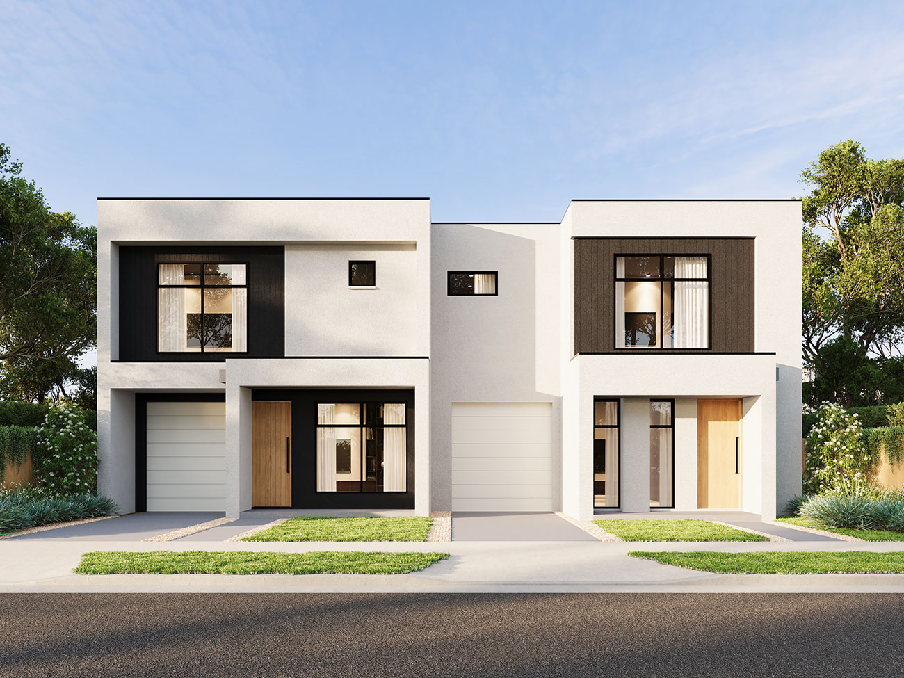 Contemporary townhouse row in St Clair with structured facade design shown in a 3D Rendering