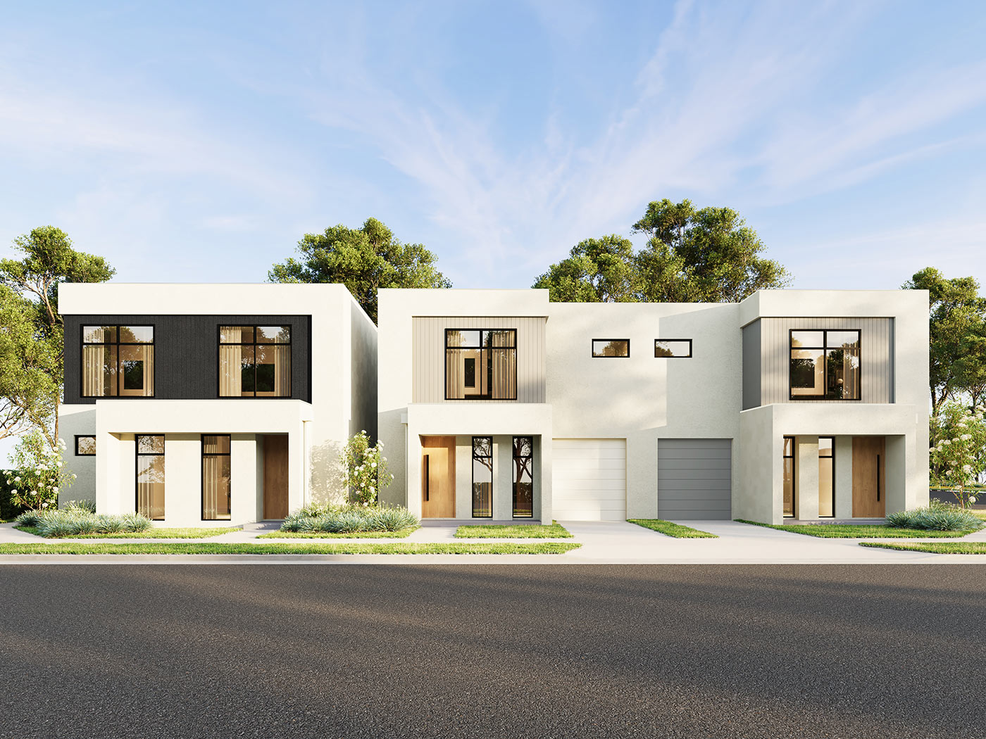 Large-scale townhouse development in St Clair with expansive streetscape landscaping in a 3D Render