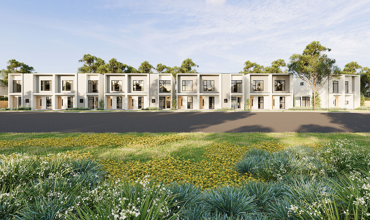 Front elevation of modern townhouses in St Clair with clean lines and glazing presented in a 3D Rendering