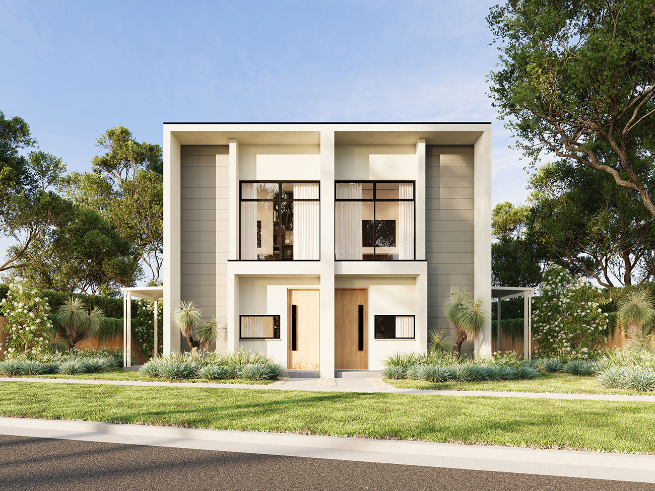 Residential development streetscape in St Clair with repeating townhouse design in a 3D Render