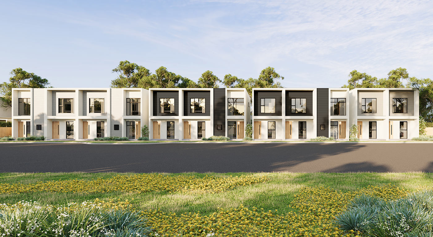 Wide streetscape of townhouse development in St Clair with landscaping and modern facades shown in a 3D Render