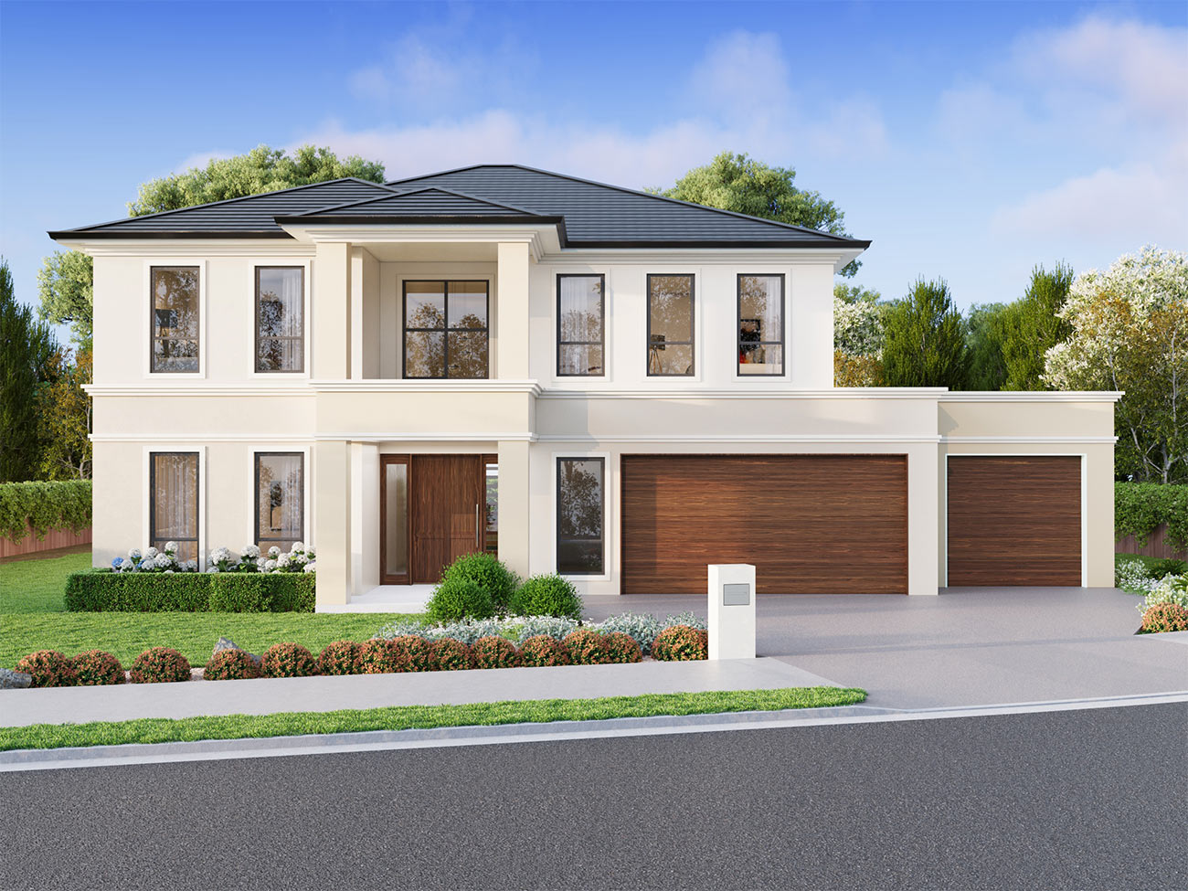 Luxury suburban home 3D Rendering in Cobbitty NSW with large driveway, landscaped frontage and modern architecture