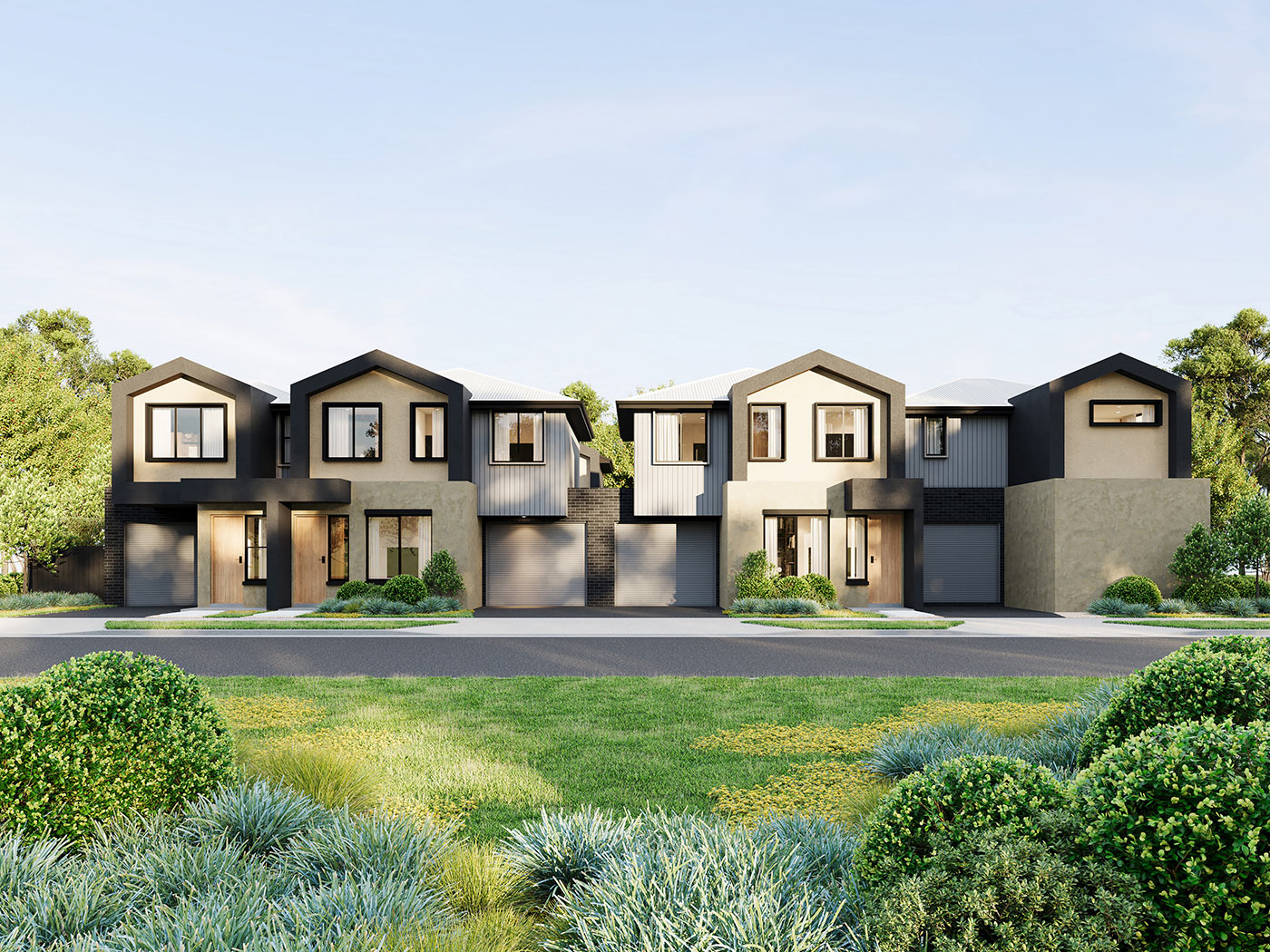 Residential development streetscape in Sunshine West featuring contemporary townhouses and greenery in a 3D Rendering