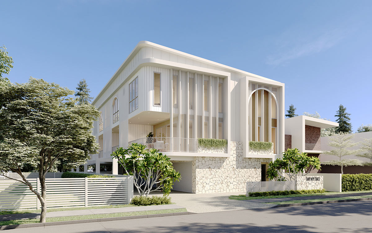 Luxury corner residential home in Tarneit with soft curves and tropical landscaping presented in a 3D Render