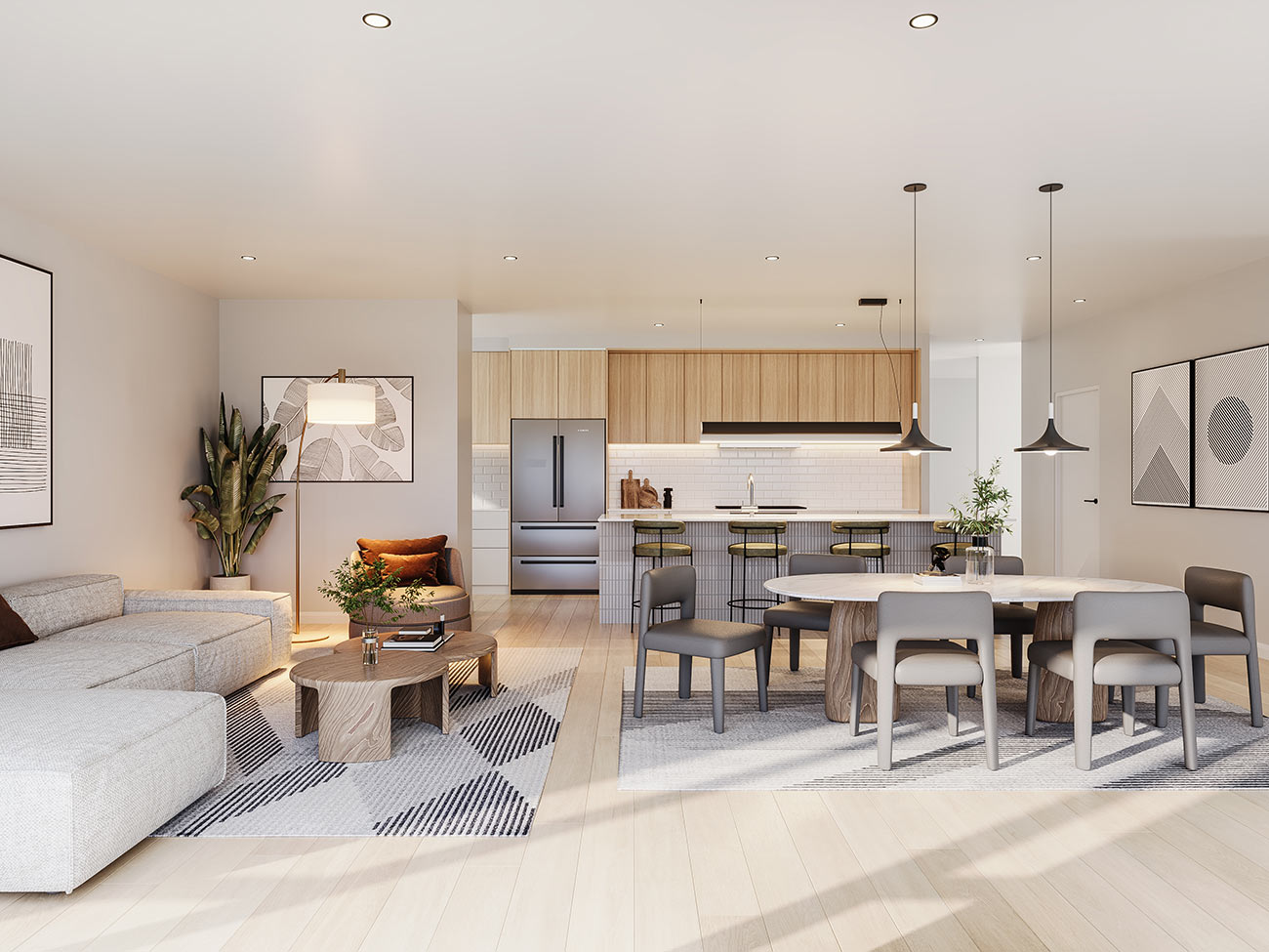 Bright modern living room in Tarneit Melbourne with large windows and neutral styling presented as a realistic residential 3D render