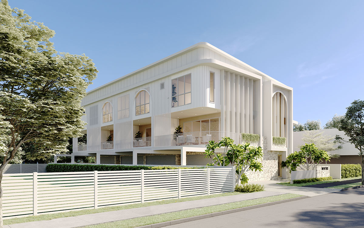 Modern coastal style home in Tarneit with curved architectural features and light materials shown in a 3D Rendering