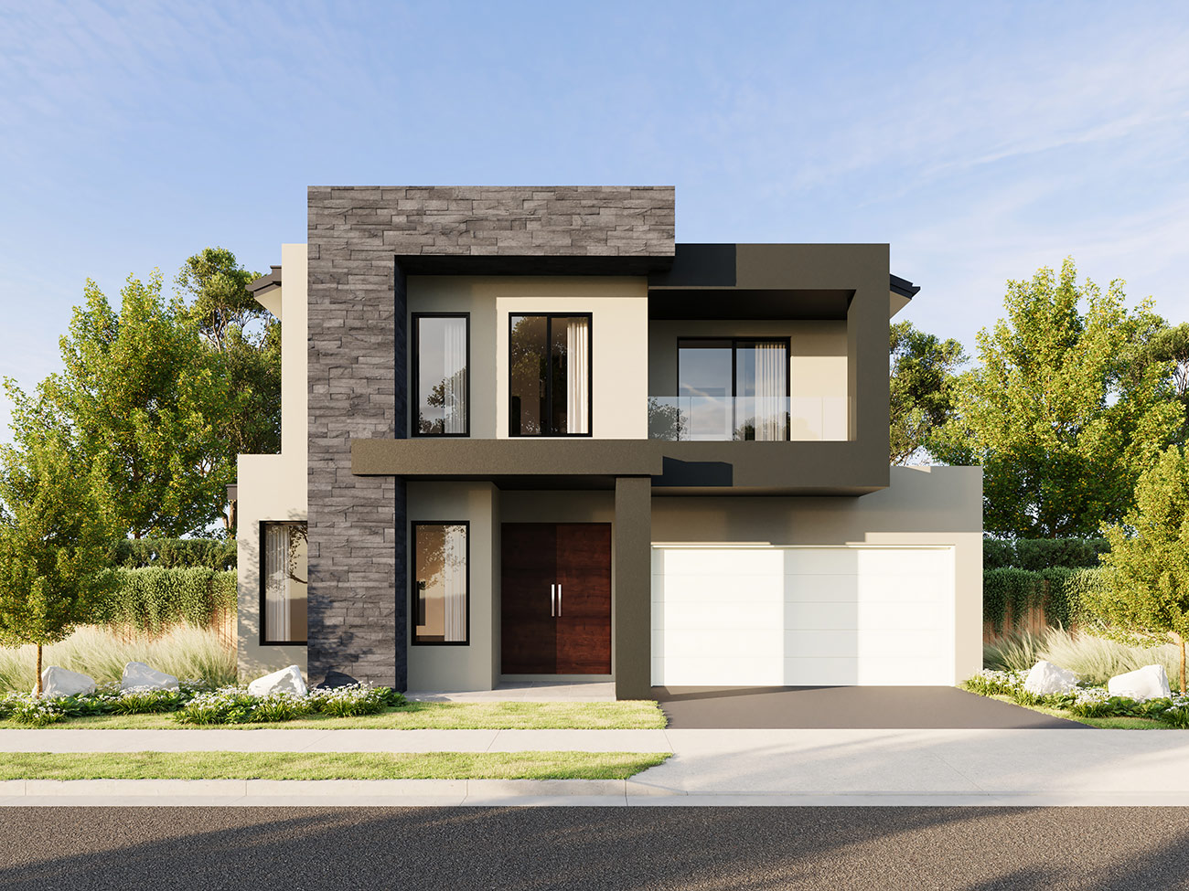 Contemporary suburban home facade in Tarneit VIC 3D rendering with simple geometry, garage frontage and landscaped garden