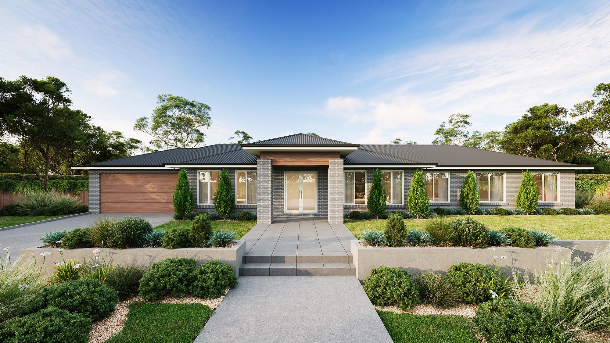 Contemporary family home in Thornton NSW 3D rendering with brick facade, central entry and landscaped garden
