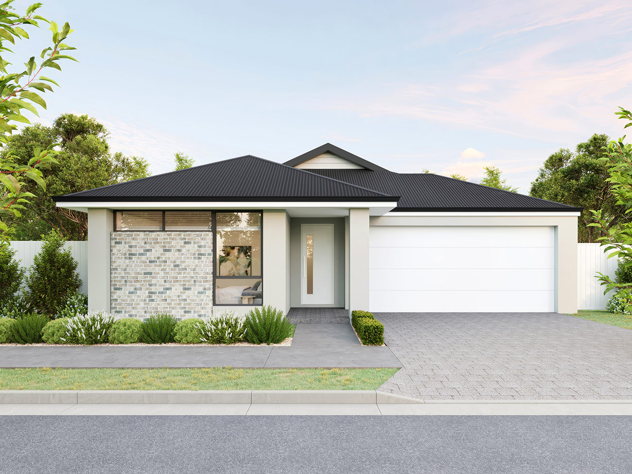 Modern display home 3D render from Titan facade range in Box Hill NSW with bold geometry and premium landscaping