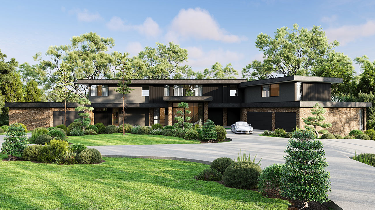 Modern luxury home 3D Rendering in Officer VIC with expansive driveway, architectural facade and landscaped grounds