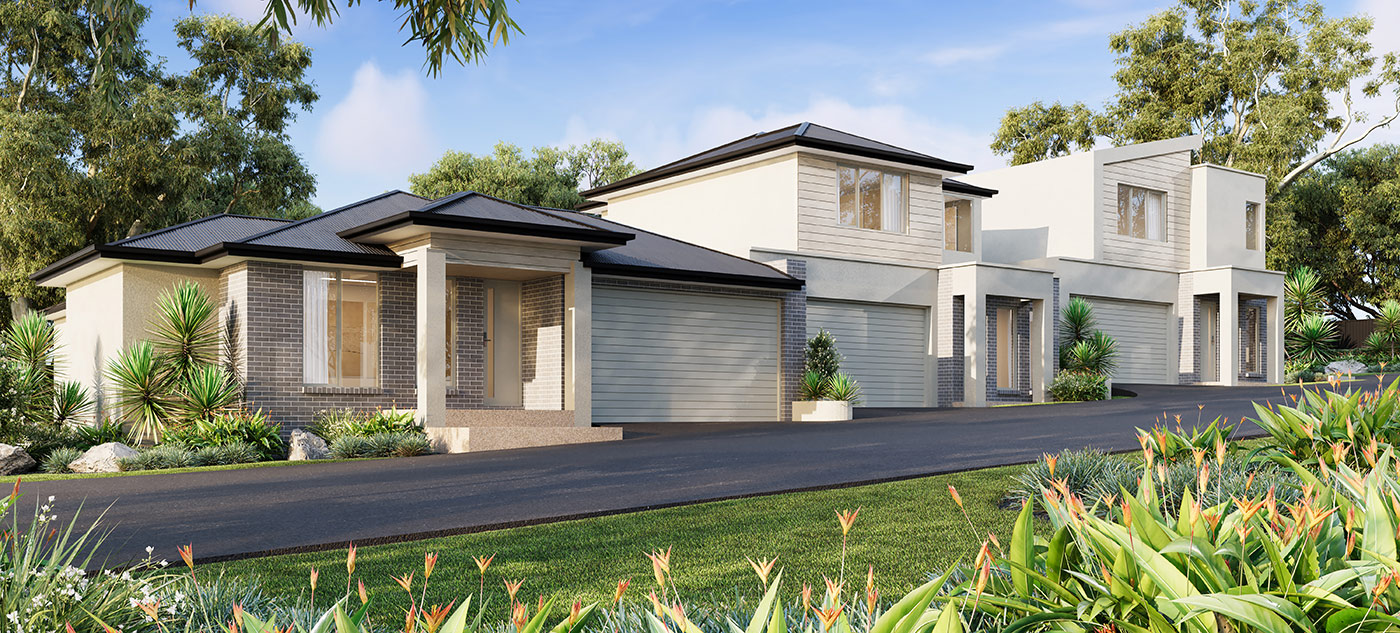 Contemporary townhouse development 3D rendering in Warrandyte VIC with landscaped environment