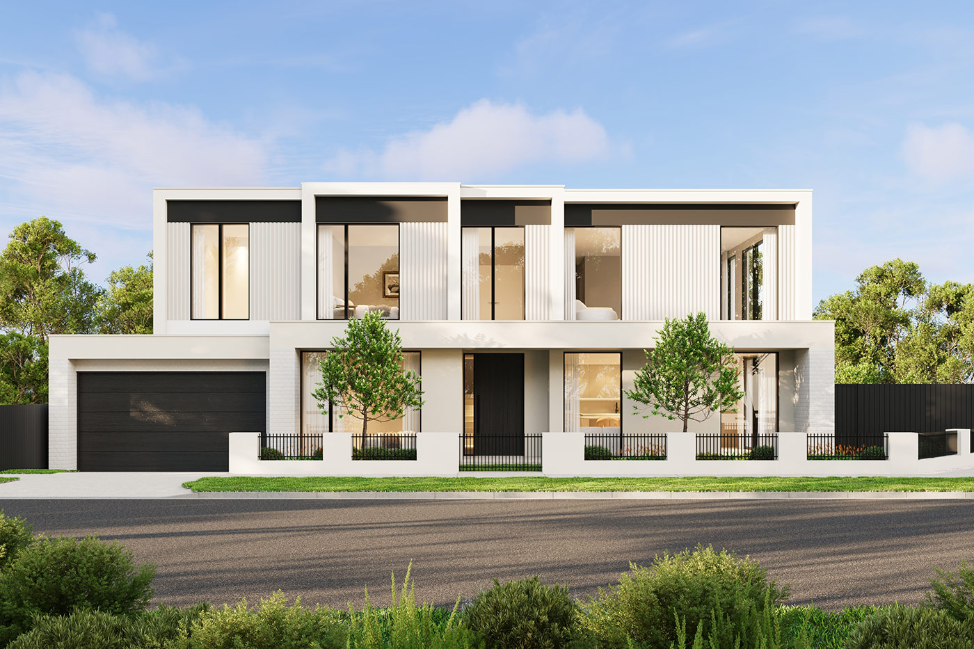 Residential streetscape in Wheelers Hill VIC 3D rendering showing multiple homes with cohesive modern design