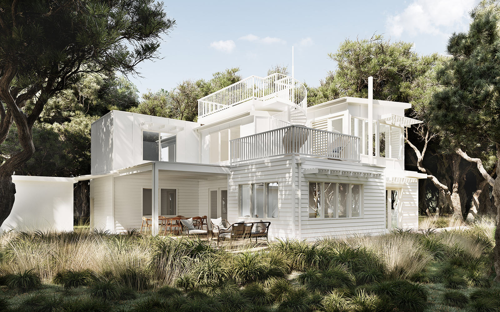 Coastal style home 3D Rendering in Point Lonsdale VIC featuring light facade, modern landscaping and beachside design