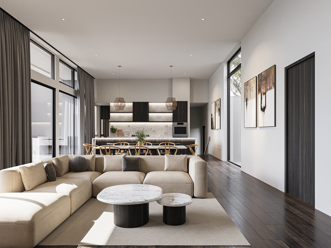 High ceiling living room with modern dark kitchen in Wollert Melbourne visualised as a stylish architectural 3D render