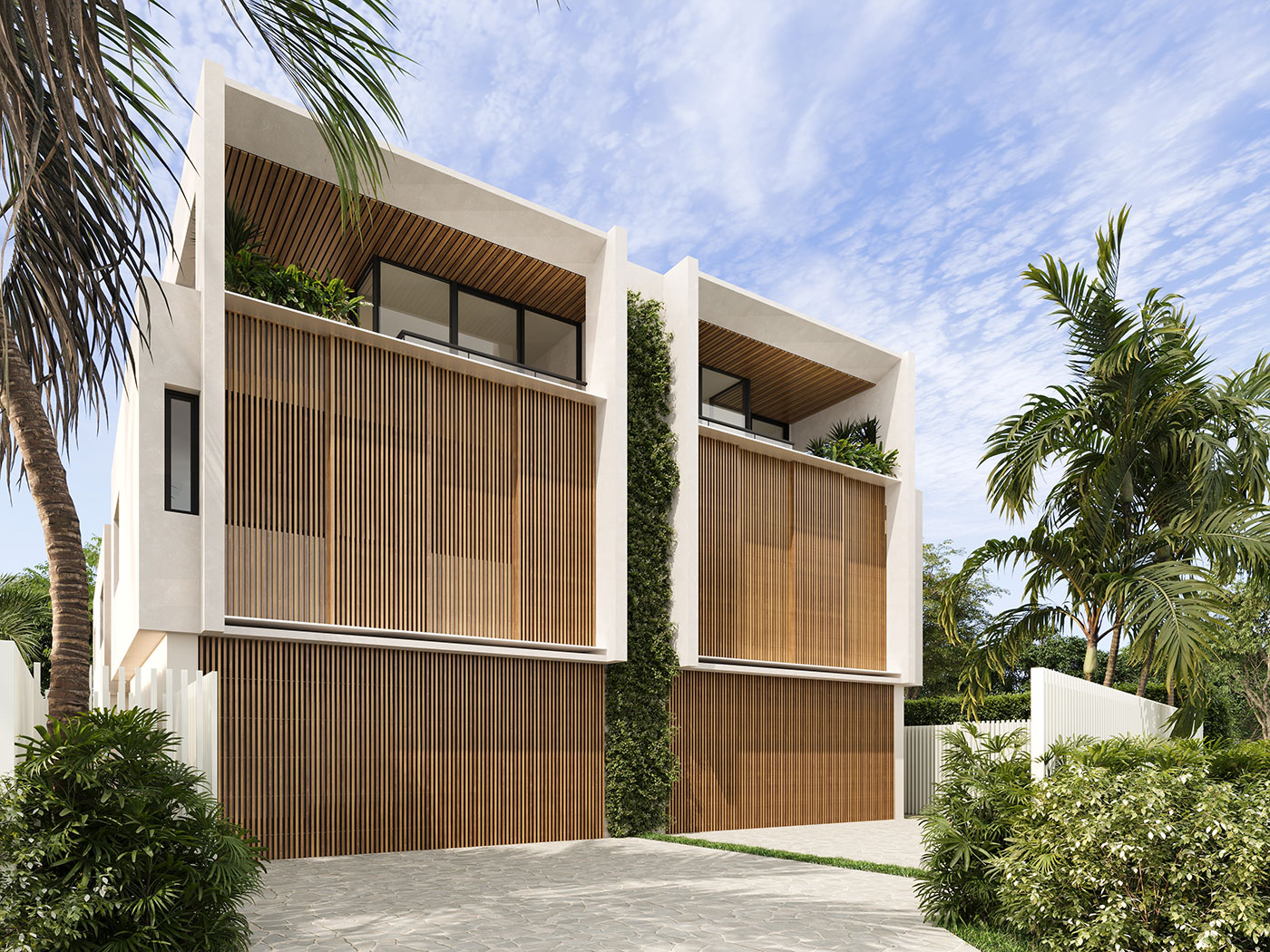 Coastal duplex home 3D rendering in Yamba NSW with contemporary design and landscaped frontage